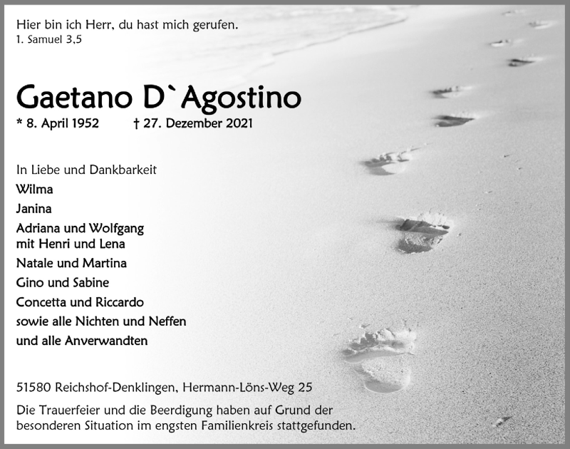  Traueranzeige für Gaetano D Agostino vom 07.01.2022 aus  Lokalanzeiger 