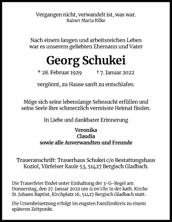 Anzeige von Georg Schukei von Kölner Stadt-Anzeiger / Kölnische Rundschau / Express