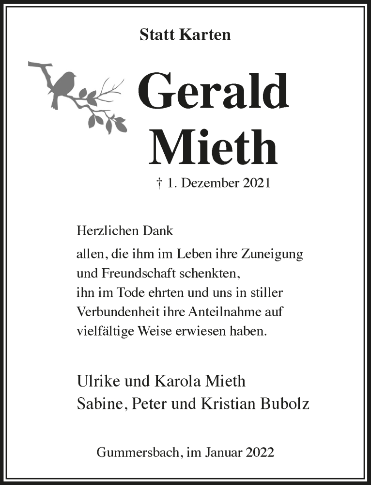  Traueranzeige für Gerald Mieth vom 14.01.2022 aus  Anzeigen Echo 