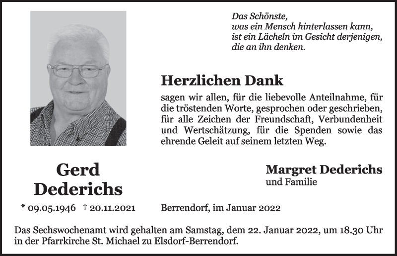  Traueranzeige für Gerd Dederichs vom 07.01.2022 aus  Werbepost 