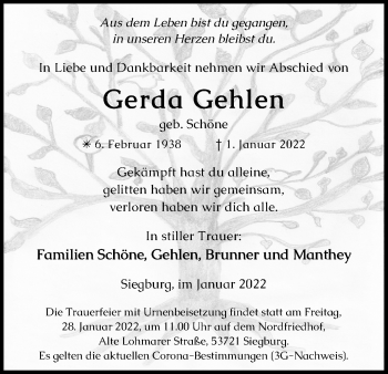 Anzeige von Gerda Gehlen von Kölner Stadt-Anzeiger / Kölnische Rundschau / Express