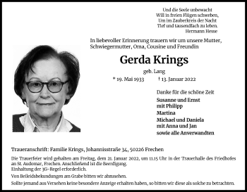 Anzeige von Gerda Krings von Kölner Stadt-Anzeiger / Kölnische Rundschau / Express
