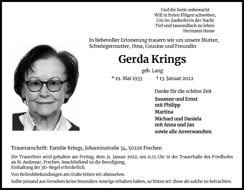  Traueranzeige für Gerda Krings vom 19.01.2022 aus Kölner Stadt-Anzeiger / Kölnische Rundschau / Express