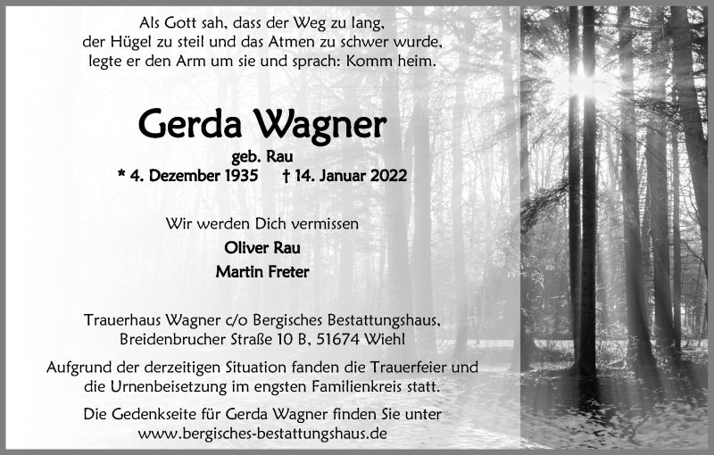  Traueranzeige für Gerda Wagner vom 29.01.2022 aus Kölner Stadt-Anzeiger / Kölnische Rundschau / Express