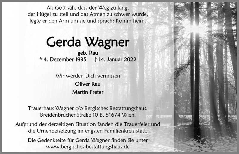  Traueranzeige für Gerda Wagner vom 28.01.2022 aus  Lokalanzeiger 