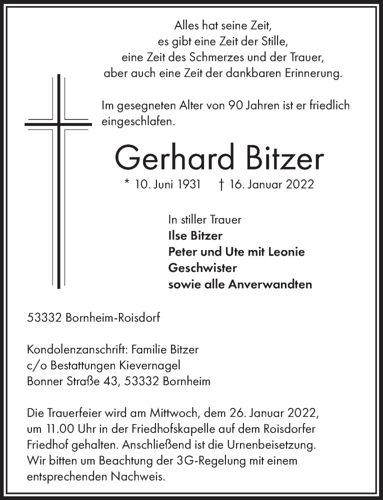  Traueranzeige für Gerhard Bitzer vom 21.01.2022 aus  Schaufenster/Blickpunkt 