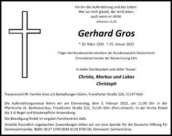 Anzeige von Gerhard Gros von Kölner Stadt-Anzeiger / Kölnische Rundschau / Express