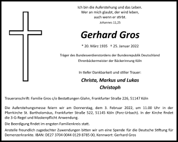 Anzeige von Gerhard Gros von  Kölner Wochenspiegel 