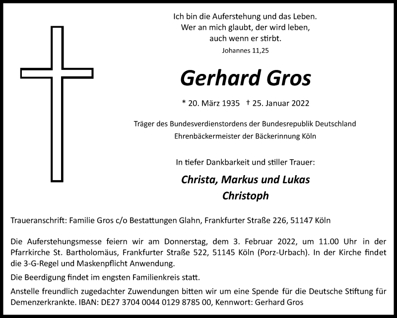  Traueranzeige für Gerhard Gros vom 28.01.2022 aus  Kölner Wochenspiegel 