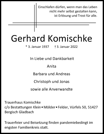Anzeige von Gerhard Komischke von Kölner Stadt-Anzeiger / Kölnische Rundschau / Express