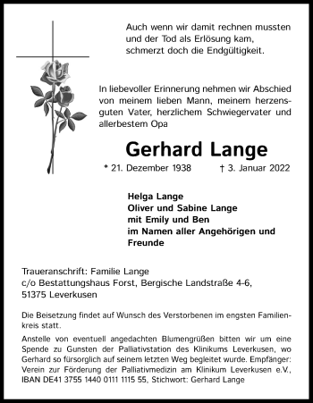 Anzeige von Gerhard Lange von Kölner Stadt-Anzeiger / Kölnische Rundschau / Express