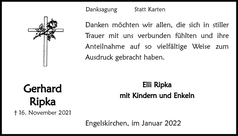  Traueranzeige für Gerhard Ripka vom 14.01.2022 aus  Anzeigen Echo 