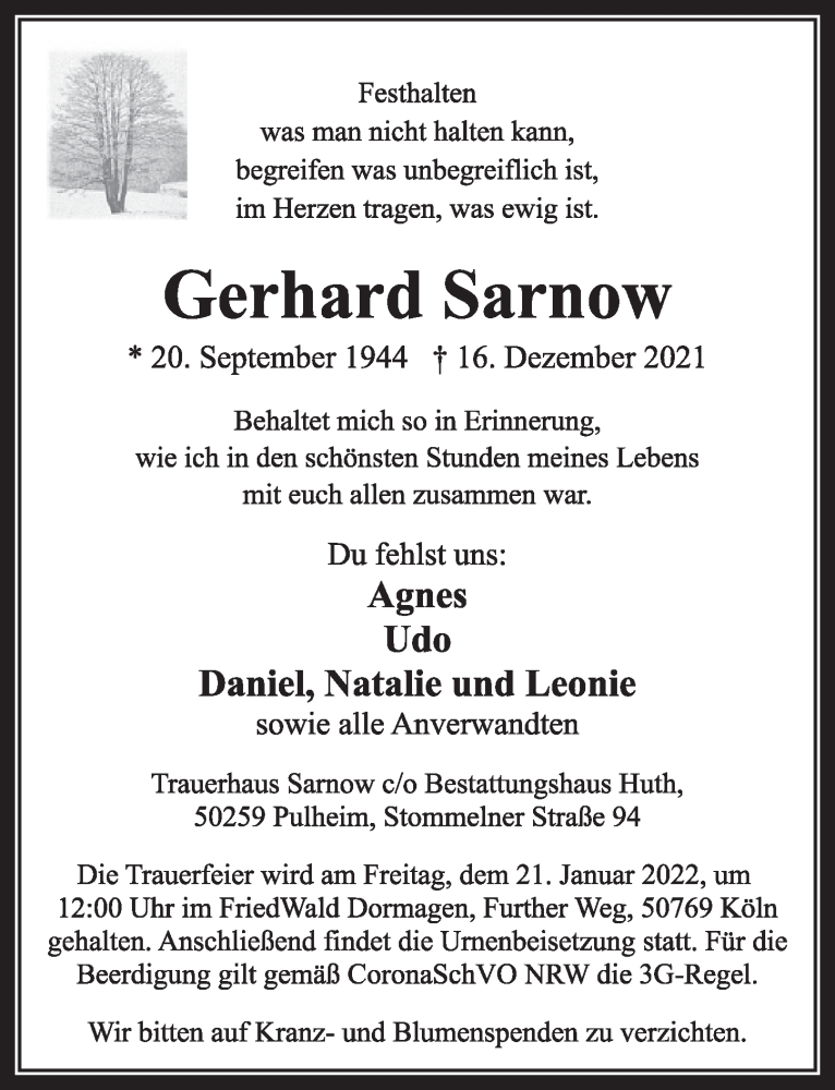  Traueranzeige für Gerhard Sarnow vom 07.01.2022 aus  Wochenende 