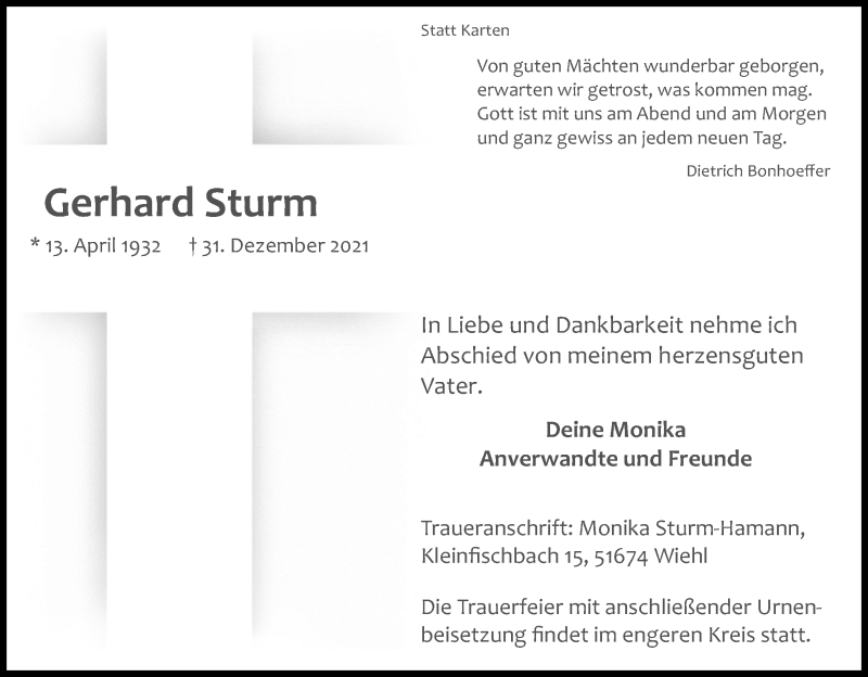  Traueranzeige für Gerhard Sturm vom 08.01.2022 aus Kölner Stadt-Anzeiger / Kölnische Rundschau / Express