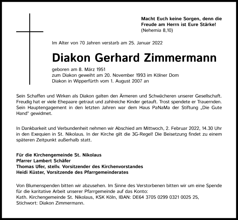  Traueranzeige für Gerhard Zimmermann vom 29.01.2022 aus Kölner Stadt-Anzeiger / Kölnische Rundschau / Express