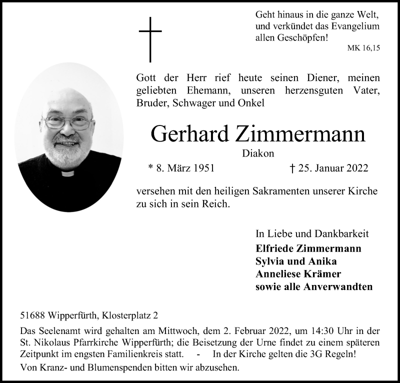  Traueranzeige für Gerhard Zimmermann vom 29.01.2022 aus Kölner Stadt-Anzeiger / Kölnische Rundschau / Express