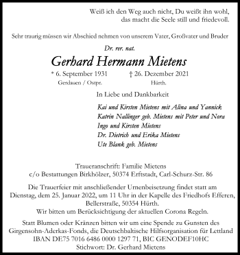 Anzeige von Gerhard Hermann Mietens von Kölner Stadt-Anzeiger / Kölnische Rundschau / Express
