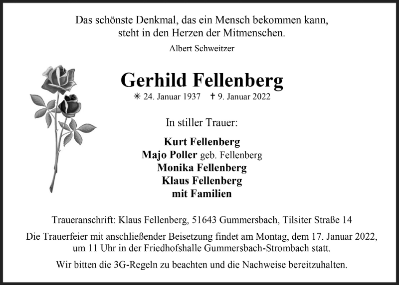  Traueranzeige für Gerhild Fellenberg vom 14.01.2022 aus  Anzeigen Echo 