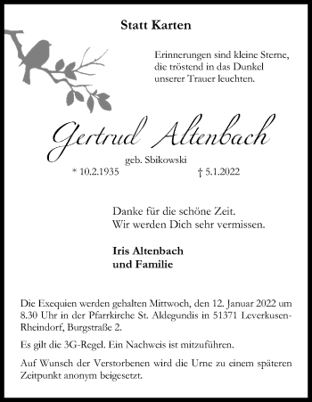 Anzeige von Gertrud Altenbach von Kölner Stadt-Anzeiger / Kölnische Rundschau / Express