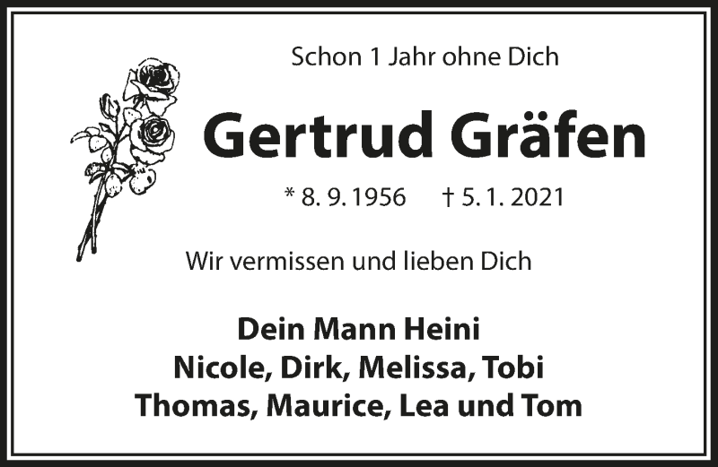  Traueranzeige für Gertrud Gräfen vom 07.01.2022 aus  Schlossbote/Werbekurier 