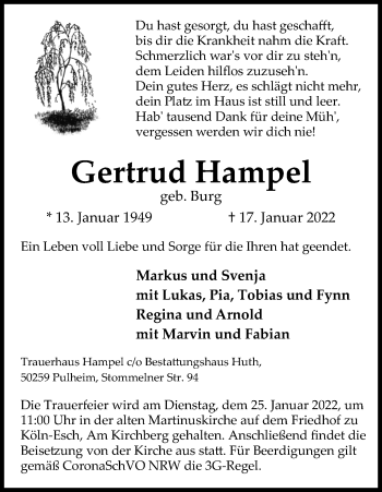 Anzeige von Gertrud Hampel von Kölner Stadt-Anzeiger / Kölnische Rundschau / Express