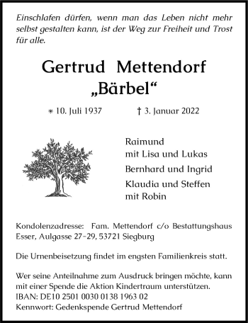 Anzeige von Gertrud Mettendorf von  Wochenende 