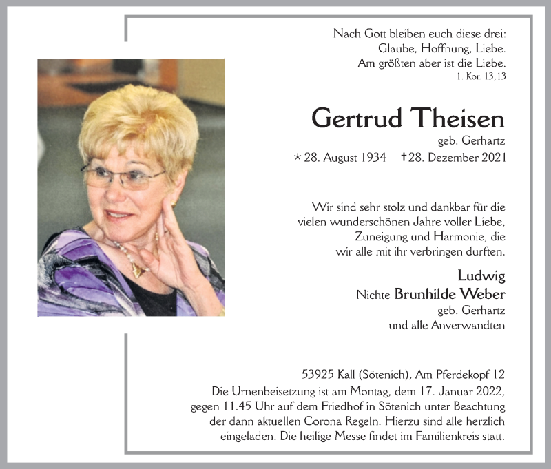  Traueranzeige für Gertrud Theisen vom 08.01.2022 aus Kölner Stadt-Anzeiger / Kölnische Rundschau / Express