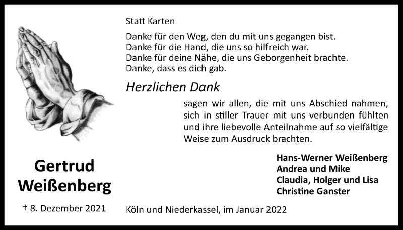  Traueranzeige für Gertrud Weißenberg vom 07.01.2022 aus  Kölner Wochenspiegel  Extra Blatt 