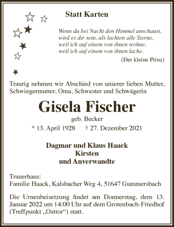 Anzeige von Gisela Fischer von  Anzeigen Echo 
