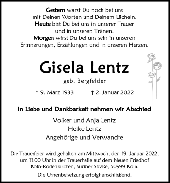 Anzeige von Gisela Lentz von Kölner Stadt-Anzeiger / Kölnische Rundschau / Express