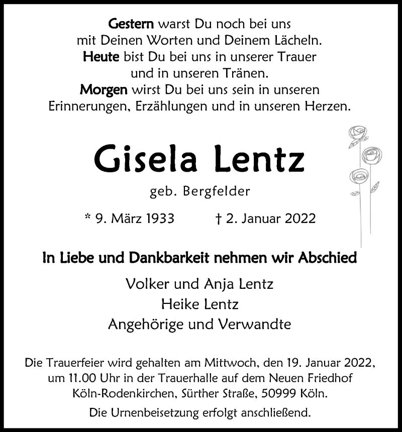  Traueranzeige für Gisela Lentz vom 08.01.2022 aus Kölner Stadt-Anzeiger / Kölnische Rundschau / Express
