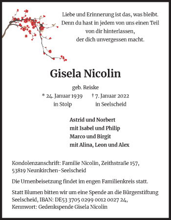 Anzeige von Gisela Nicolin von Kölner Stadt-Anzeiger / Kölnische Rundschau / Express