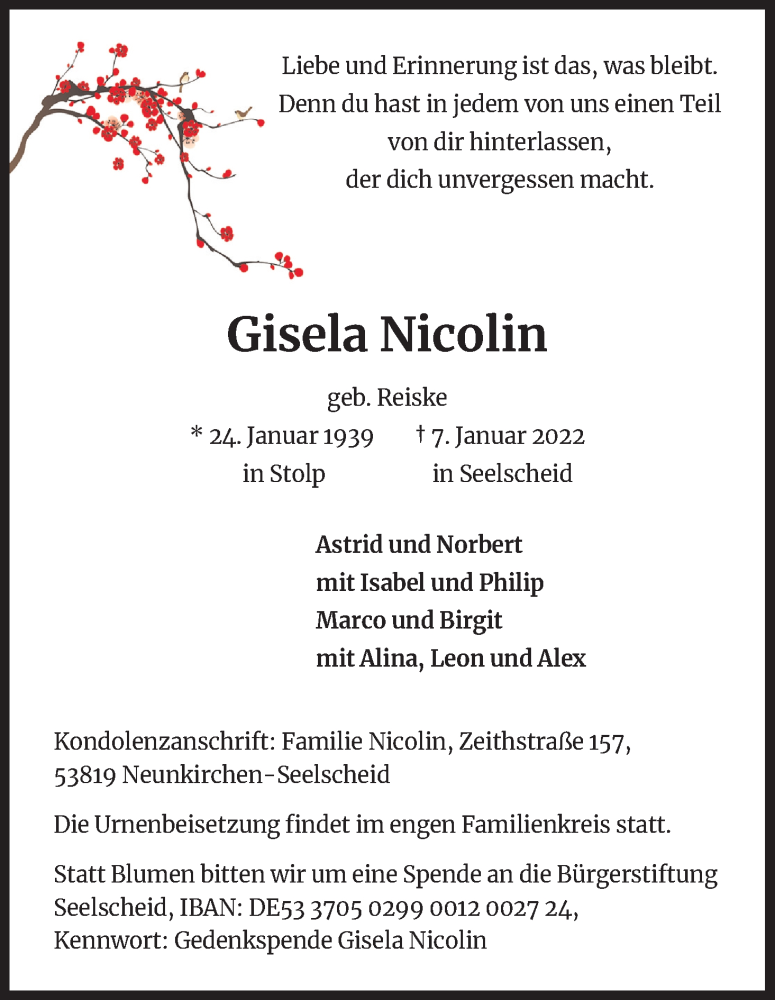  Traueranzeige für Gisela Nicolin vom 15.01.2022 aus Kölner Stadt-Anzeiger / Kölnische Rundschau / Express