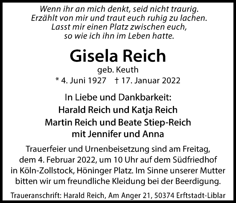  Traueranzeige für Gisela Reich vom 29.01.2022 aus Kölner Stadt-Anzeiger / Kölnische Rundschau / Express