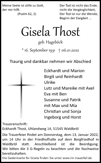 Anzeige von Gisela Thost von Kölner Stadt-Anzeiger / Kölnische Rundschau / Express