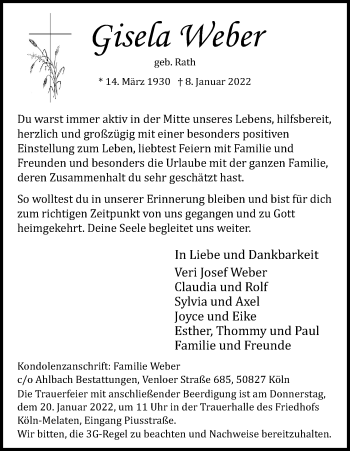 Anzeige von Gisela Weber von Kölner Stadt-Anzeiger / Kölnische Rundschau / Express