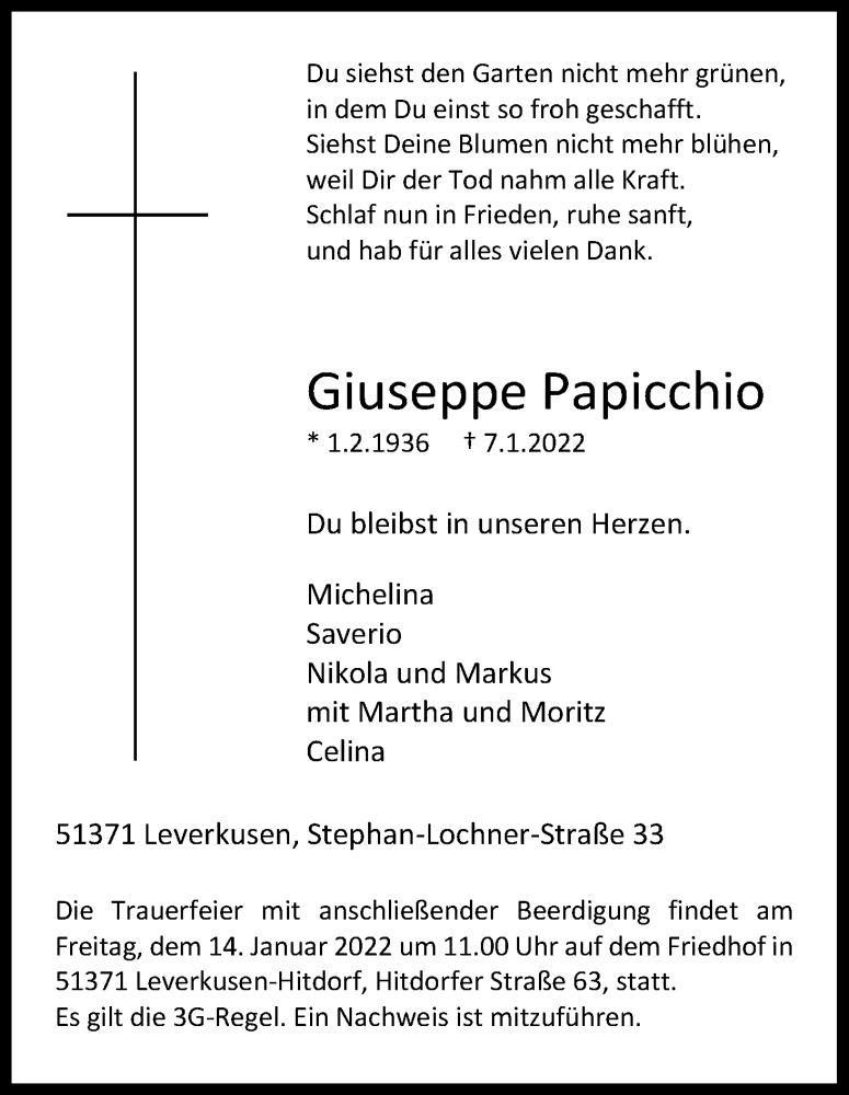  Traueranzeige für Giuseppe Papicchio vom 12.01.2022 aus Kölner Stadt-Anzeiger / Kölnische Rundschau / Express