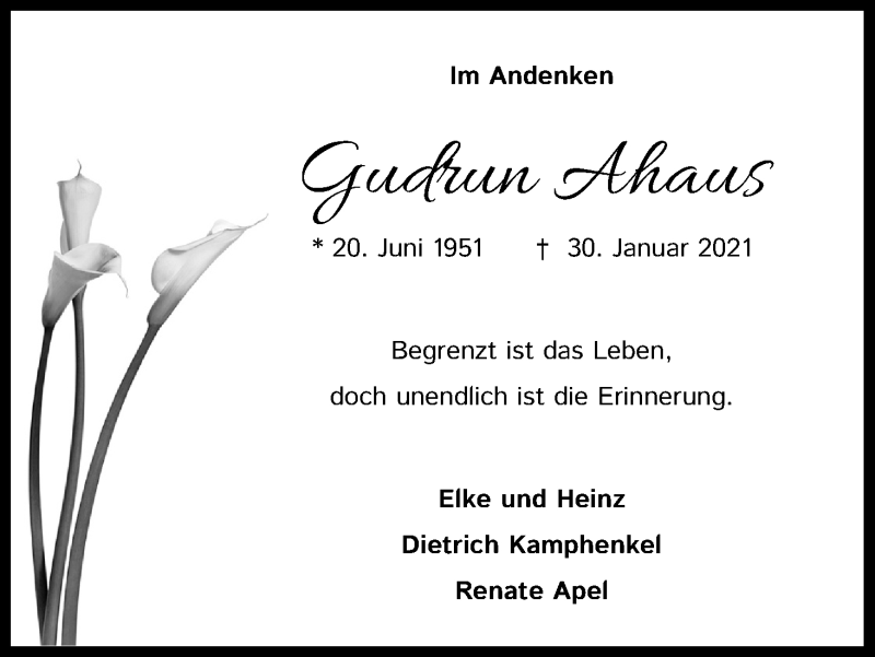  Traueranzeige für Gudrun Ahaus vom 29.01.2022 aus Kölner Stadt-Anzeiger / Kölnische Rundschau / Express