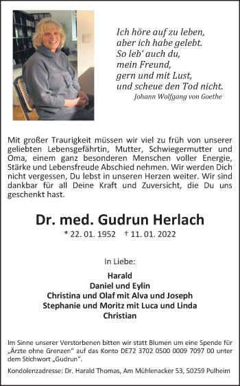 Anzeige von Gudrun Herlach von Kölner Stadt-Anzeiger / Kölnische Rundschau / Express