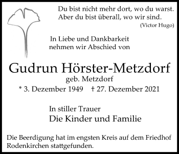 Anzeige von Gudrun Hörster-Metzdorf von Kölner Stadt-Anzeiger / Kölnische Rundschau / Express