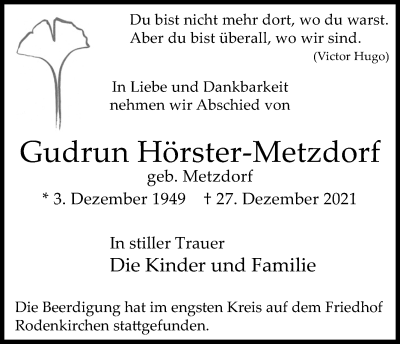  Traueranzeige für Gudrun Hörster-Metzdorf vom 08.01.2022 aus Kölner Stadt-Anzeiger / Kölnische Rundschau / Express