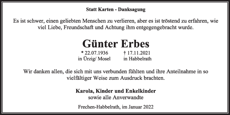  Traueranzeige für Günter Erbes vom 07.01.2022 aus  Wochenende 