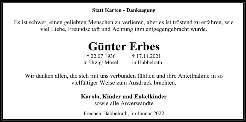  Traueranzeige für Günter Erbes vom 08.01.2022 aus Kölner Stadt-Anzeiger / Kölnische Rundschau / Express