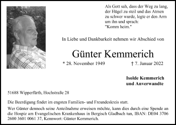 Anzeige von Günter Kemmerich von Kölner Stadt-Anzeiger / Kölnische Rundschau / Express
