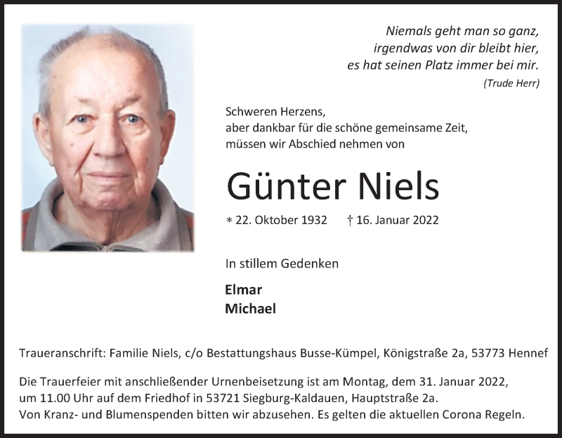  Traueranzeige für Günter Niels vom 22.01.2022 aus Kölner Stadt-Anzeiger / Kölnische Rundschau / Express