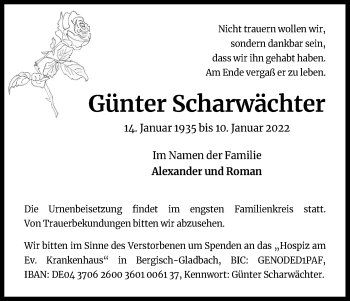 Anzeige von Günter Scharwächter von Kölner Stadt-Anzeiger / Kölnische Rundschau / Express
