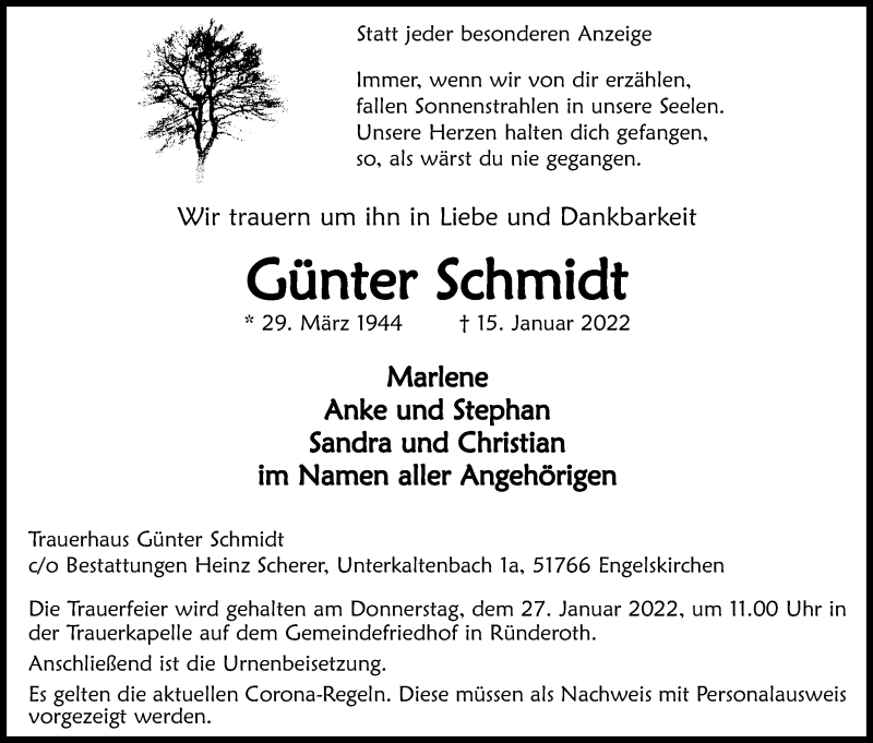  Traueranzeige für Günter Schmidt vom 22.01.2022 aus Kölner Stadt-Anzeiger / Kölnische Rundschau / Express