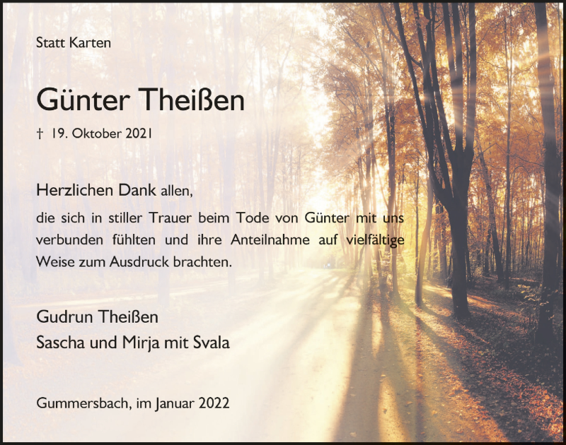  Traueranzeige für Günter Theißen vom 07.01.2022 aus  Anzeigen Echo 