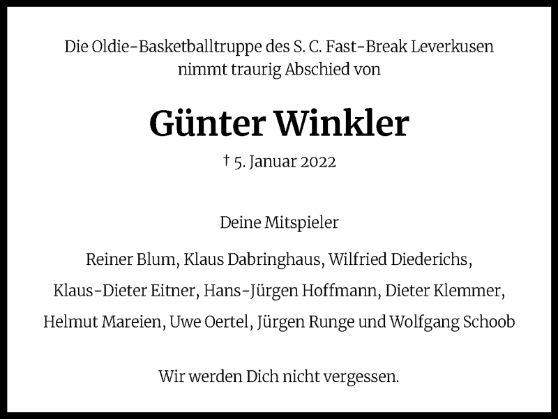  Traueranzeige für Günter Winkler vom 15.01.2022 aus Kölner Stadt-Anzeiger / Kölnische Rundschau / Express