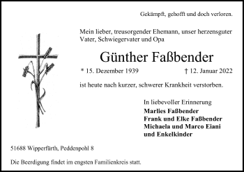Anzeige von Günther Faßbender von Kölner Stadt-Anzeiger / Kölnische Rundschau / Express